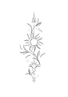 a black and white drawing of a sunflower with leaves on it's side