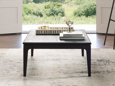 a coffee table with books on it in a living room