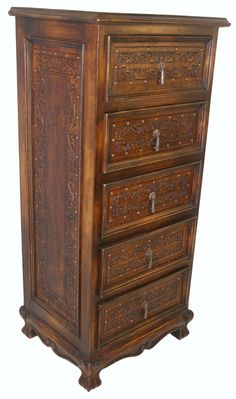 an old wooden chest with ornate carvings on the front and sides, against a white background