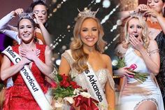 three women in dresses and tiaras posing for the camera with one woman holding flowers