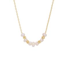 Accent your neckline with this delicate necklace adorned with fresh water pearls and gold accents. 18k Gold Plated Brass Base Fresh Water Pearls 16" Necklace Feminine Gold Necklace With Pearl Charm, Feminine Gold Necklace With Pearl Drop, Dainty Pearl Necklace With Gold Beads, Feminine Gold Necklace With Pearl Chain, Delicate Beaded Necklace With Pearl Pendant, Delicate Gold Beaded Necklace With Pearl Pendant, Feminine Gold Necklace With Pearl Pendant, Delicate Gold Pearl Necklace With Beaded Chain, Feminine Gold Beaded Necklace For Gift