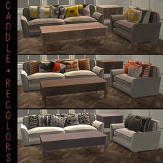 three different views of a living room with couches and pillows on the same sofa