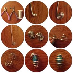 many different types of wire and metal items on a wooden table with thread spools