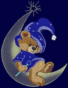 a teddy bear sitting on the moon with a star in it's hat and holding a wand