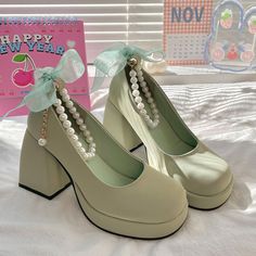 Fabric Material: PuColor: Green. Beige. BlackHeels Height: 7cm/2.76" Heels Cute Aesthetic, Green Fairy Shoes, Sage Green Heels, Fairy Heels, Heels Green, Pretty Heels, Heels Aesthetic, Halter Dress Short, Dr Shoes