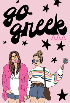 two women standing next to each other in front of stars and the words go greek