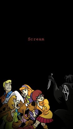 an animated movie poster with the title scream and other characters in front of a black background