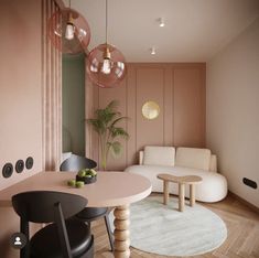 a living room filled with furniture and pink walls