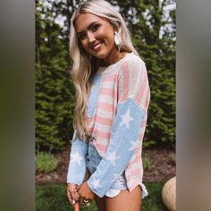 American Flag Sweater Nwt. Size S/M Lace Balloons, Dolman Sleeve Shirt, Long Sleeve Ruffle Top, Flag Sweater, White Lace Crop Top, American Flag Sweater, White Long Sleeve Tee, Grey Long Sleeve Shirt, Waffle Knit Top