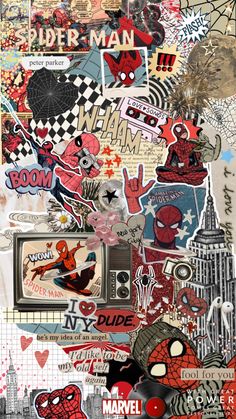 a collage of spiderman stickers and decals on a piece of paper