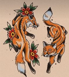 an image of two foxes with flowers on their heads and one fox has its mouth open