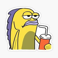 a cartoon character holding a drink in one hand and looking at the camera with an angry look on his face