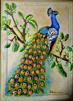 a painting of a peacock sitting on top of a tree branch