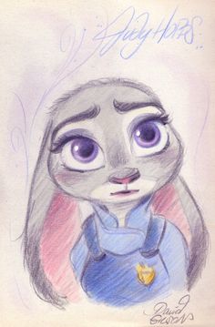 an image of a drawing of a rabbit with purple eyes and long hair, wearing a blue dress