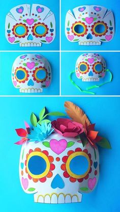 paper mache sugar skull mask with flowers and feathers on the top, in different positions