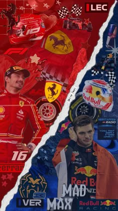 two collages of race cars, one red and the other blue with images of drivers