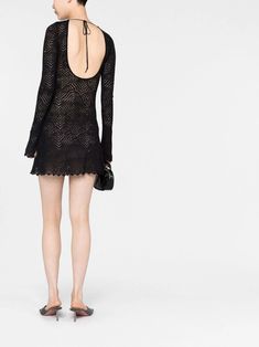 Alessandra Rich open-knit Sequinned Dress - Farfetch Sequinned Dress, Dress Stands, Long Sleeve Cocktail Dress, Alessandra Rich, Purple Mini Dresses, Scallop Edge, Oversized Dress, Black Mini Dress, Tweed Dress