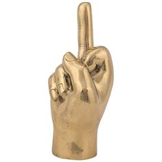 a gold colored statue of a hand making the v sign with it's fingers