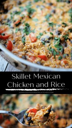 mexican chicken and rice casserole is shown with a spoon full of the casserole