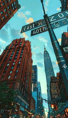 a street sign in the middle of a city at dusk with skyscrapers behind it