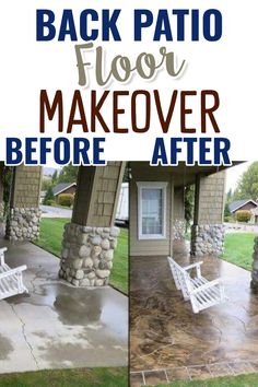 before and after photos of patio makeover with flagstone pavers, stone pillars and brick flooring