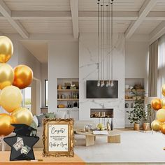 a living room filled with lots of gold balloons