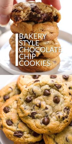 three different views of chocolate chip cookies on a white plate with the words bakery style chocolate chip cookies