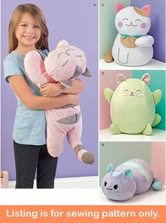 "Sewing Pattern Make Large Stuffed Cats for Kids This listing is for one sewing pattern to make all of the items listed below. Directions and pattern pieces are included. Please note that anything else shown as well as any fabric or supplies needed are not included. Brand new and uncut. These kitties are oh so huggable! You can sew them from fleece or minky fleece for extra softness. Stuff them with poly fiberfill or similar. Pattern Makes: *22\" long sleeping cat *20\" long resting cat *15 1/2\ Simplicity Sewing, All Shapes, Simplicity Sewing Patterns, Sewing Toys, Simplicity Patterns, Happy Cat, Cat Pattern, Animal Pattern, Stuffed Animal Patterns