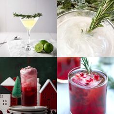 four different shots of alcoholic drinks with limes and cranberries on the table