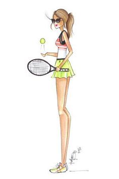 a drawing of a woman holding a tennis racquet and ball in her hand