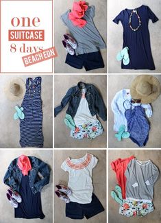 a collage of different outfits and hats with the words, one suitcase 3 days beached