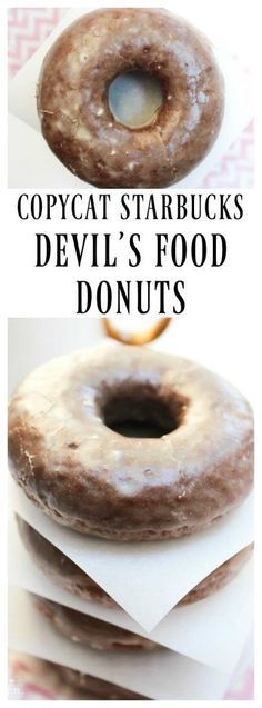 there are three different types of doughnuts on top of each other, with the words copycat starbucks's devil's food donuts above them