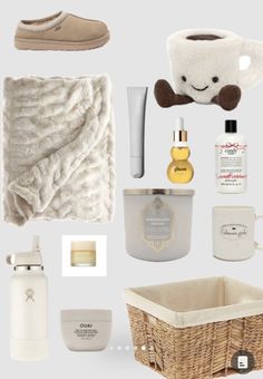 an assortment of personal care items arranged in the shape of a bear, teddy bear head, toiletries, and bathrobe