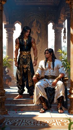 two men dressed in ancient clothing sitting on steps