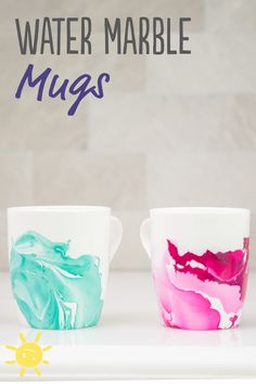 three mugs with different colors on them and the words water marble mugs above them