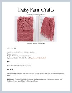 an image of a knitted scarf with the words daisy farm crafts written below it