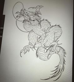 a black and white drawing of a dragon