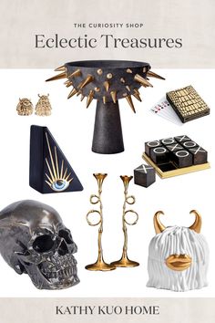 an assortment of decorative items displayed on a white background with text that reads the curiosity shop eclectic treasures