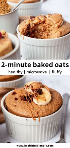 two pictures of baked oatmeal in white dishes