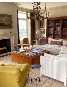 a living room filled with furniture and a fire place in the middle of a room