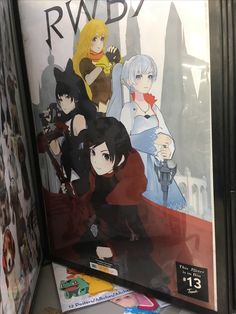 an advertisement for rwby on the wall in a store