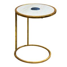 a white and gold side table with a blue dot on the top, against a white background