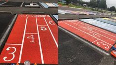 an outdoor running track with numbers painted on it and cones around the edges to indicate where runners are going