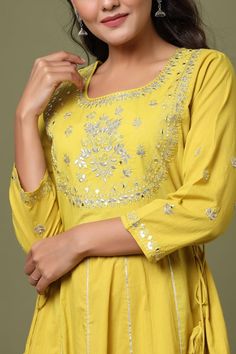 Cotton Yellow Anarkali Style Embroidered Gown | Best Indian Ethnic wear Online USA | Yellow Anarkali, Ethnic Gown, Print Embroidery, Boutique Dress Designs, Zari Work, Boutique Dress, Embroidery Lace, Mirror Work, Embroidery Work