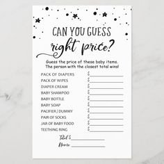 a printable baby shower game with the words can you guess right price? on it