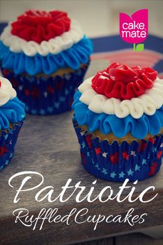 patriotic ruffle cupcakes with red, white and blue frosting on top