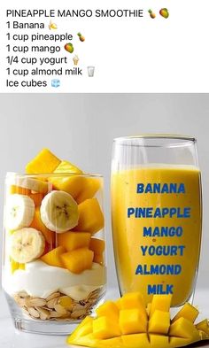 a glass filled with bananas and pineapple next to a bowl of sliced mangoes