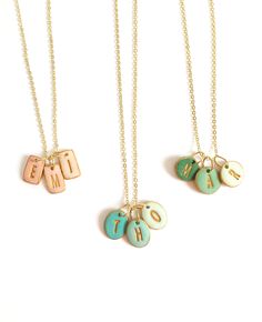 Family Initials Necklace for mom, Charm Necklace, 1 letter, 2 letters, 3 letters Necklace, Mother's Day Jewelry, colors, clay, handmade ---------------------------------------------------------- A dainty small and delicate piece. Each charm is handmade in color cold porcelain and includes 3 letters. Pick your color choice from the 3 pictured necklaces: 1-Turquoise shades ( T H O) 2-Green tones (M A R) 3- Pink tones ( E M I) The gold plated chain is 18'' ------------------------------------------ Hip Jewelry, Letters Necklace, Initials Necklace, Grandmas Jewelry, Mother's Day Jewelry, Stamped Necklaces, Necklace For Mom, Mom Jewelry, Clay Necklace