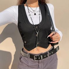 Winter Outerwear, Cropped Vest, Looks Black, Black Corset, Vest Outfits, U Neck, Y2k Streetwear