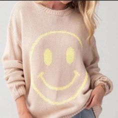 Never Worn! Cute Yellow Sweater For Fall, Cute Yellow Fall Sweater, Casual Yellow Sweater With Graphic Print, Casual Yellow Soft Knit Sweater, Fun Yellow Tops For Fall, Fun Yellow Fall Tops, Playful Yellow Sweater For Fall, Casual Smiley Face Top For Fall, Cozy Oversized Yellow Tops